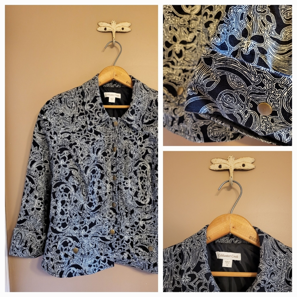 Coldwater Creek. Cotton Print Peplum Jacket. Floral b&w. Wm 12